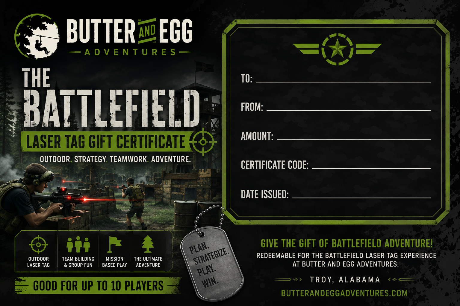 The Battlefield Laser Tag Gift Certificate 1 Battlefield Laser Tag Gift Certificate For Outdoor Laser Tag And Team Building At Butter And Egg Adventures